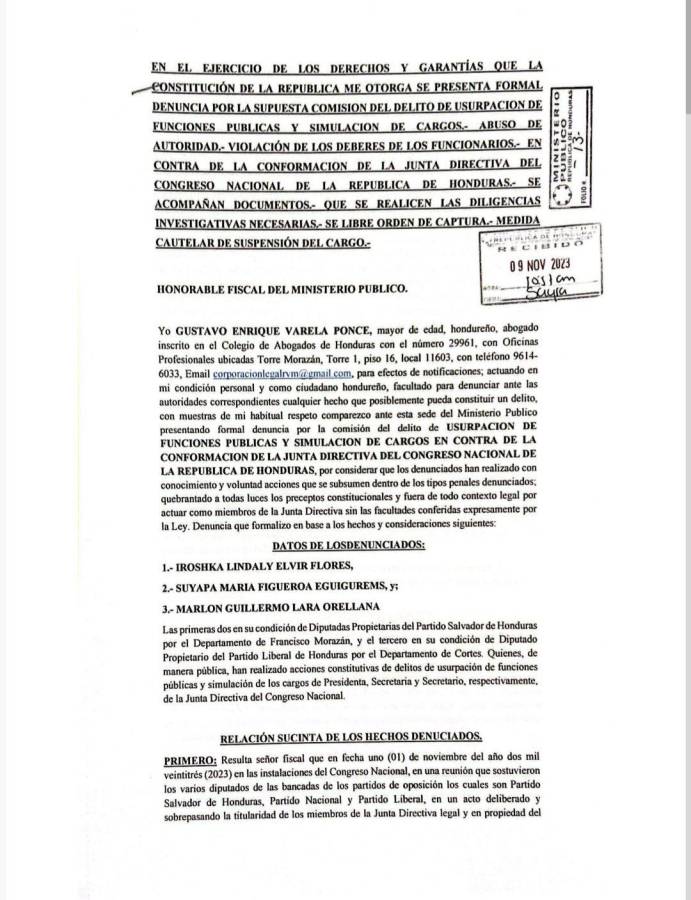 Denuncia interpuesta por el abogado Gustavo Varela en contra de tres diputados de oposición.