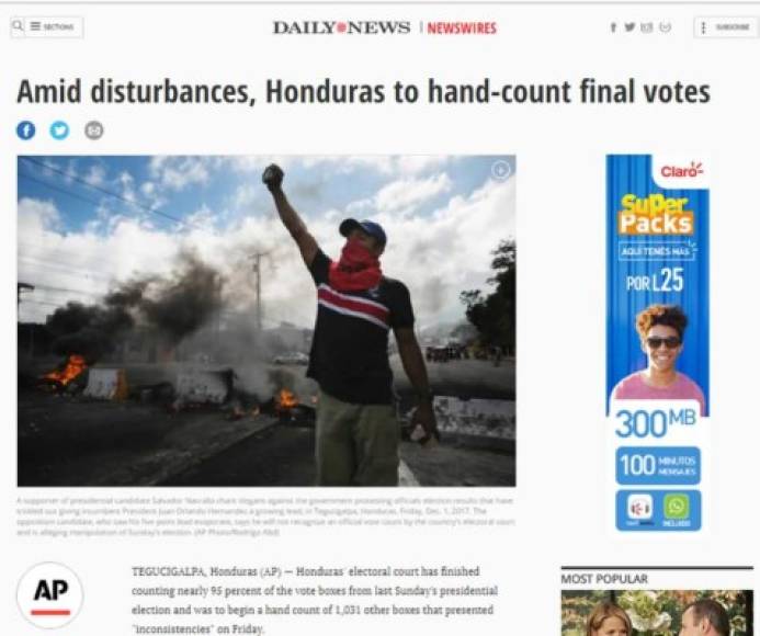 El Daily News de Estados Unidos: 'En medio de disturbios, Honduras contará personalmente los votos finales'. 'La corte electoral hondureña ha terminado de contar casi el 95 por ciento de las cajas de votación de las elecciones presidenciales del domingo pasado y debía comenzar a contar otras 1.031 casillas que presentaron 'inconsistencias' el viernes'.