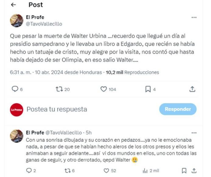 EL Locutor Walter Vallecillo se pronunció en sus redes sociales sobre el fallecimiento de Walter Urbina.