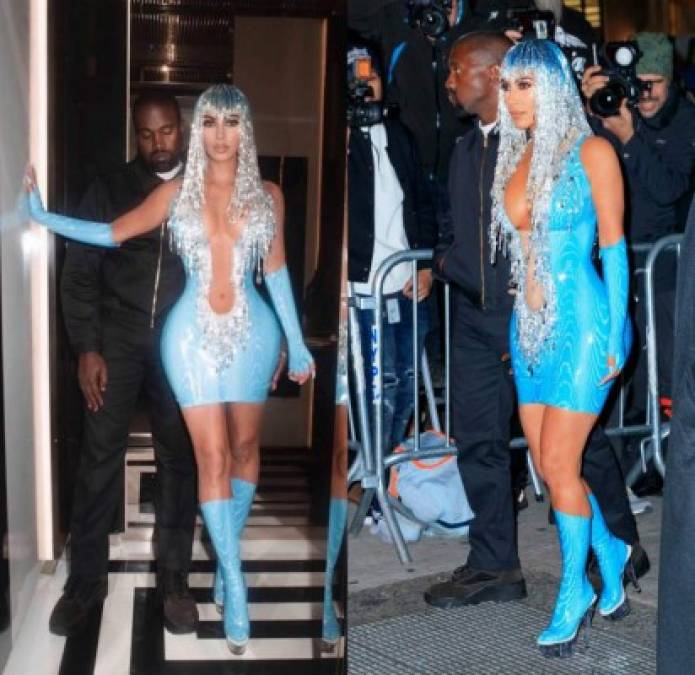 Para la fiesta posterior a los Met Gala, Kim Kardashian impresionó en una mini vestido azul eléctrico de época, siempre del diseñador Thierry Mugler.