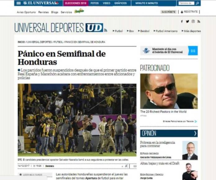 El Universal de México: 'Pánico en semifinal de Honduras'. 'Los partidos fueron suspendidos después de que el primer partido entre Real España y Marathón acabara con enfrentamientos entre aficionados y policías'.