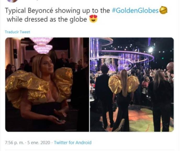 Beyoncé llegó tarde a la gala con Jay Z pero no escapó a las críticas por su vestido. 'Típico, Beyoncé llegando tarde a los Globos de Oro vestida como un globo.'