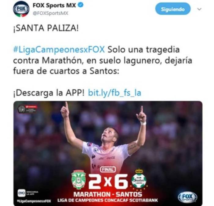 Fox Sports MX - '¡Santa paliza!'. 'Solo una tragedia contra Marathón, en suelo lagunero, dejaría fuera de cuartos a Santos'.