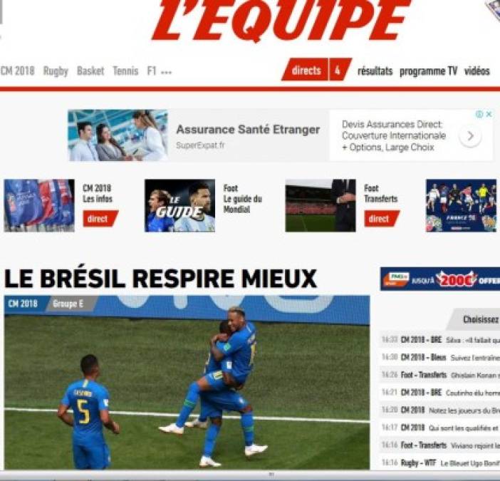 'Brasil respira mejor' dice el diario L'Equipe de Francia.