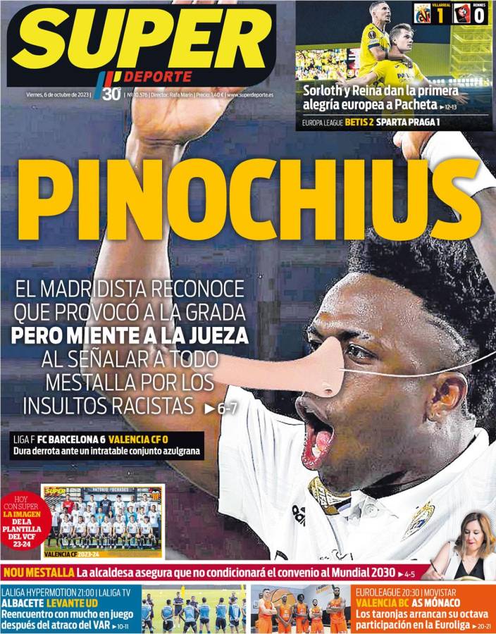 Esta es la portada del diario Superdeporte de Valencia contra Vinicius.