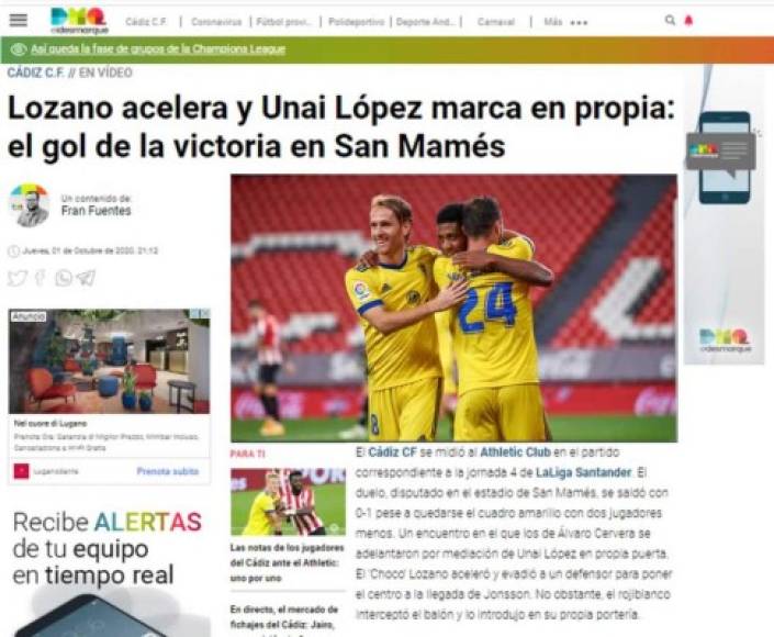 El Desmarque - 'Lozano acelera y Unai López marca en propia: el gol de la victoria en San Mamés'.