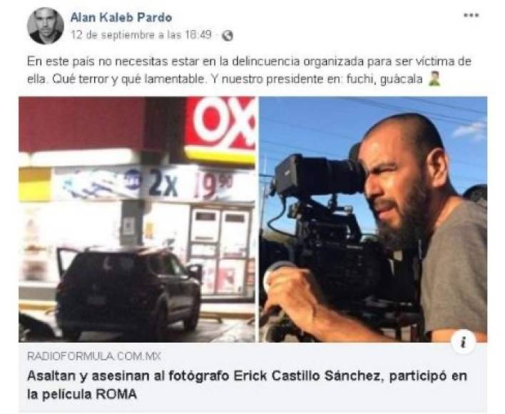 'En este país no necesitas estar en la delincuencia organizada para ser víctima de ella. Qué terror y qué lamentable. Y nuestro presidente en 'fuchi, guácala'', escribió Pardo en su red social días antes de ser detenido.