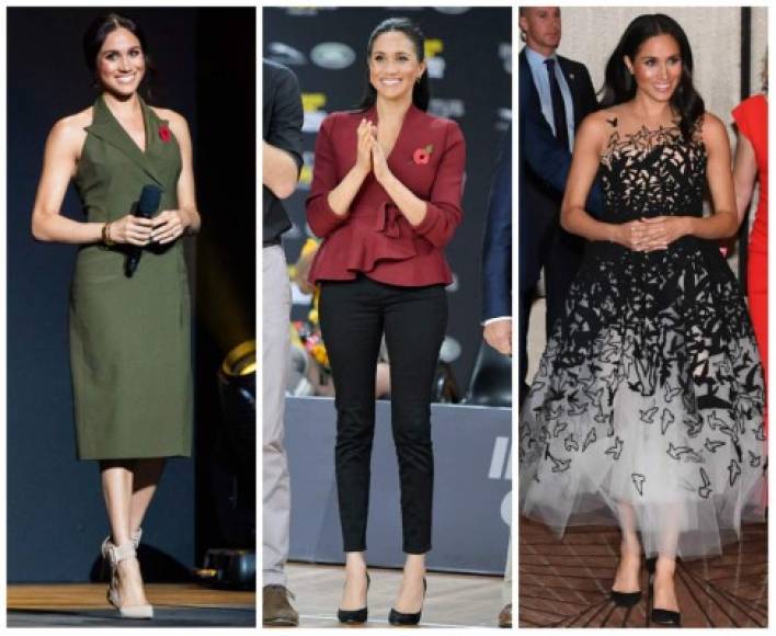 Para una serie de eventos en el marco de los Juegos Invictus en Sidney Australia la duquesa usó atuendos casuales.<br/><br/>Para los premios de la Australian Geographic Society, Meghan llevaba un elegante vestido de Oscar de la Renta, que combinó con tacones de tacón alto