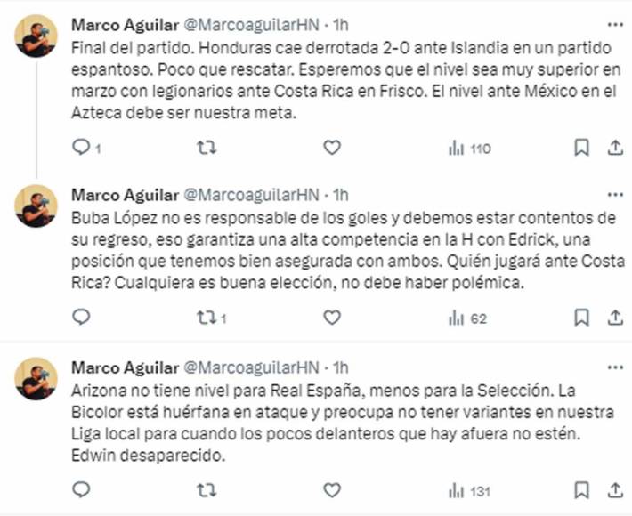 Marco Aguilar, periodista catracho - “Honduras cae derrotada 2-0 ante Islandia en un partido espantoso. Poco que rescatar. La Bicolor está huérfana en ataque y preocupa no tener variantes en nuestra liga local”.
