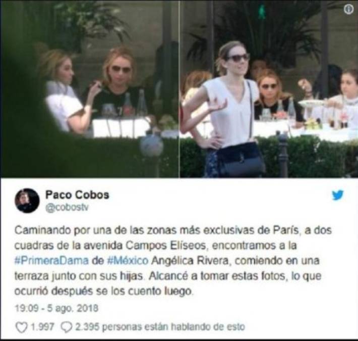 En 2018, meses antes de entregar el mandato, un periodista compartió imágenes de Angélica Rivera y dos de sus hijas en París a principios de agosto, en otro más de los viajes en solitario que suele realizar la esposa del presidente. <br/><br/>Las fotos con la historia tuvieron amplia difusión en México, donde el reportero aseguró que el equipo de seguridad de la esposa del presidente lo obligó a borrar casi todo el material captado.<br/>