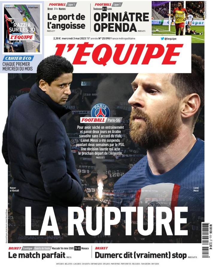 La portada de L’Équipe confirmado la ruptura entre Messi y el PSG.