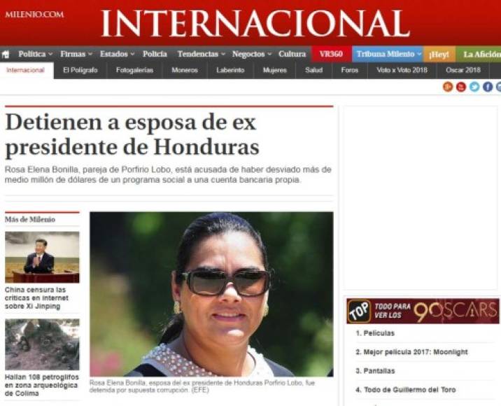 El diario mexicano Milenio tituló 'Detienen a esposa de ex presidente de Honduras'.