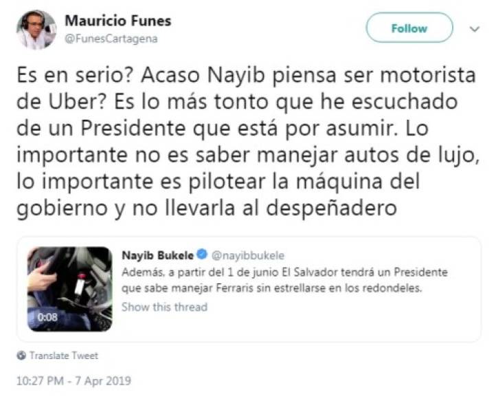Bukele colgó un video conduciendo un Ferrari el pasado domingo en San Salvador, en el mismo redondel donde se especula se accidentó el ex mandatario salvadoreño en 2014. Funes se sintió aludido y replicó a la publicación del presidente electo.