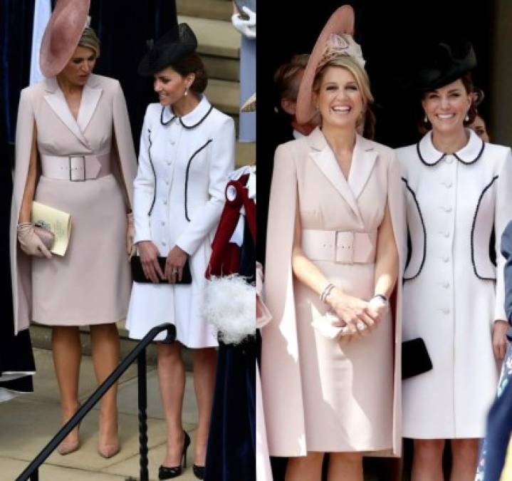 Máxima usó un vestido de Claes Iversen con mangas de capa. Kate Middleton por su parte lució un abrigo blanco con detalles negros de Catherine Walker y un sombrero Lock & Co