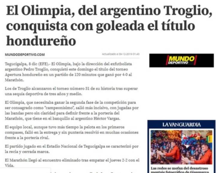 Mundo Deportivo de España - 'El Olimpia, del argentino Troglio, conquista con goleada el título hondureño'.