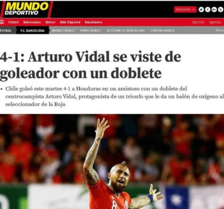Mundo Deportivo de España destaca el doblete de Arturo Vidal ante Honduras, el chileno milita en el Barcelona .
