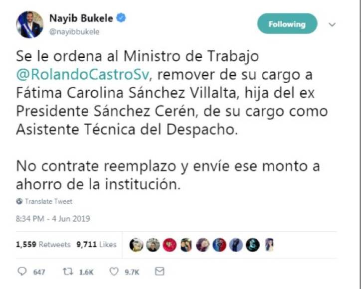 Bukele ordenó a través de Twitter el despido de nueve familiares directos del expresidente Salvador Sánchez Cerén que laboraban en el Gobierno y de otros familiares de ex funcionarios del FMLN.