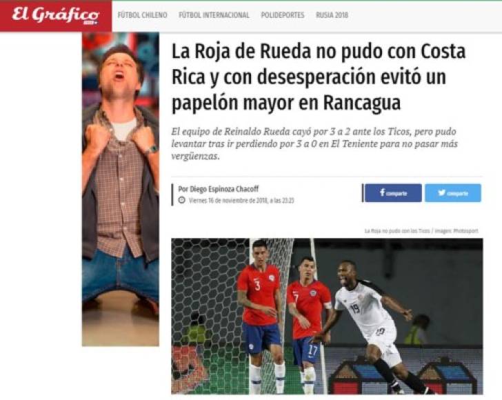 El Gráfico: 'La Roja de Rueda no pudo con Costa Rica y con desesperación evitó un papelón mayor en Rancagua'. 'El equipo de Reinaldo Rueda cayó por 3 a 2 ante los Ticos, pero pudo levantar tras ir perdiendo por 3 a 0 en El Teniente para no pasar más vergüenzas'.