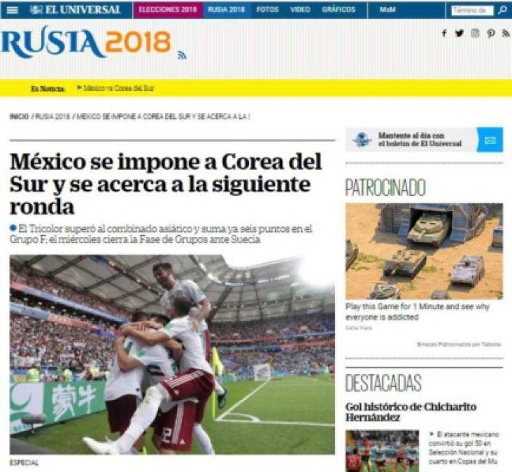 "El diario El Universal destaca que 'México se impone a Corea del Sur y se acerca a la siguiente ronda'. "
