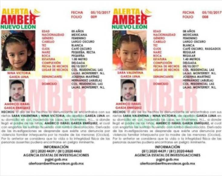 Luego de la denuncia, la Procuraduría General de Justicia de Nuevo León activo la Alerta Amber, ya que se suponía que Nina Victoria y Sara Valentina habían sido secuestradas por su padre, Américo Garza.