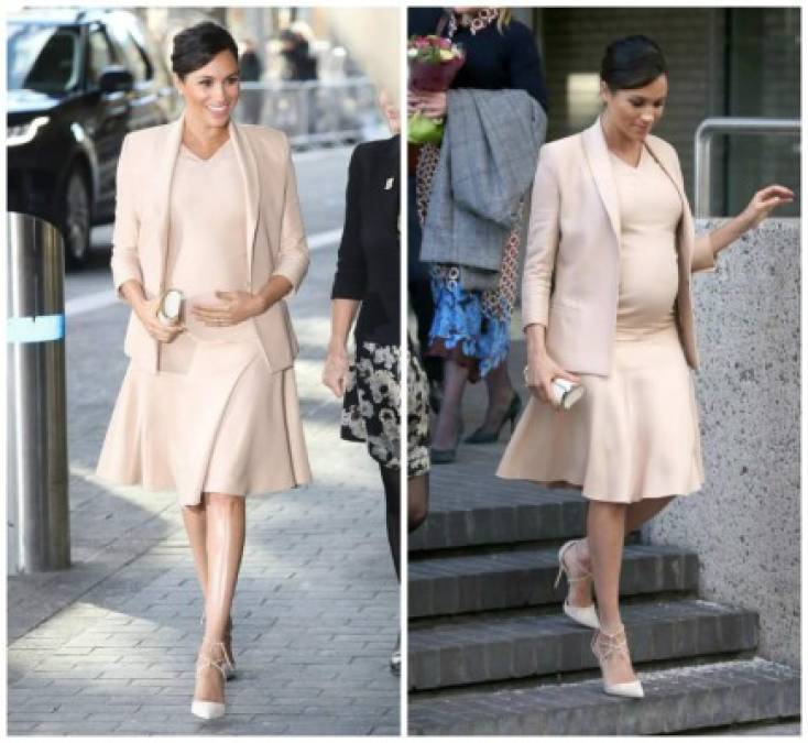 30 DE ENERO DE 2019<br/><br/>Meghan combinó un blazer y un vestido de Brandon Maxwell con un clutch de Carolina Herrera y unos tacones Aquazzura para su visita al Teatro Nacional de Londres, el cual apadrina.