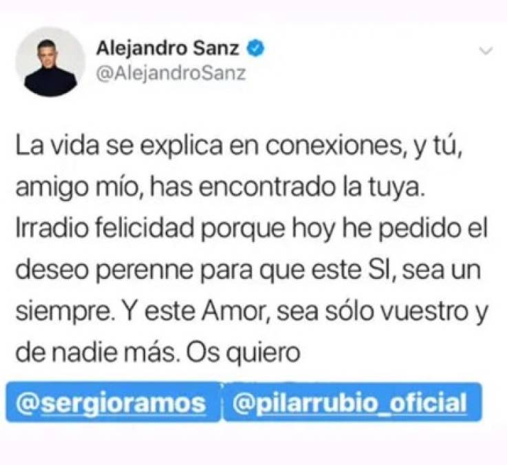 Alejandro Sanz, que dio un concierto en el estadio Wanda Metropolitano, felicitó así a la pareja ya que no pudo asistir al enlace.