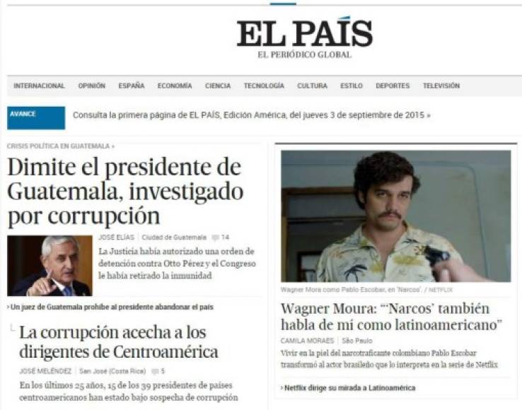 Diario El País de España informa sobre la caída del presidente centroamericano.