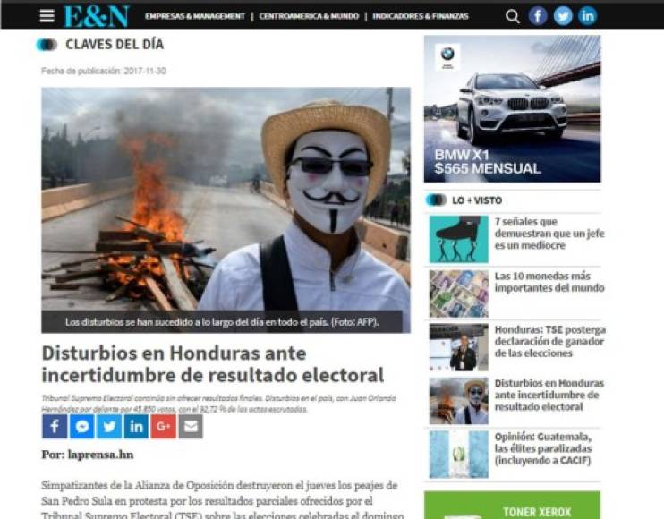 Estrategia y Negocios: 'Disturbios en Honduras ante incertidumbre de resultado electoral'. 'Tribunal Supremo Electoral continúa sin ofrecer resultados finales. Disturbios en el país, con Juan Orlando Hernández por delante por 45.850 votos, con el 92,72 % de las actas escrutadas'.