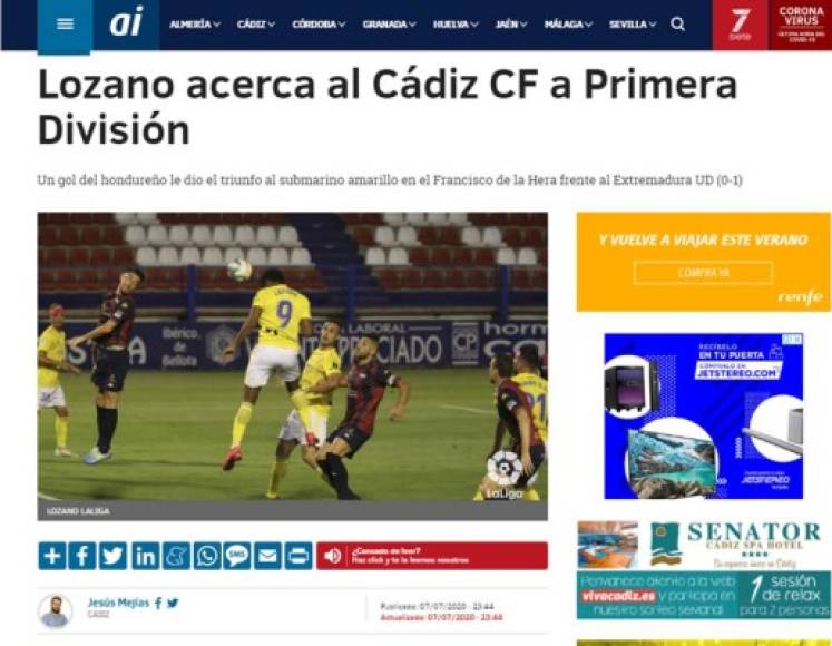 Andalucía información - 'Lozano acerca al Cádiz CF a Primera División'. 'Un gol del hondureño le dio el triunfo al submarino amarillo en el Francisco de la Hera frente al Extremadura UD (0-1)'.