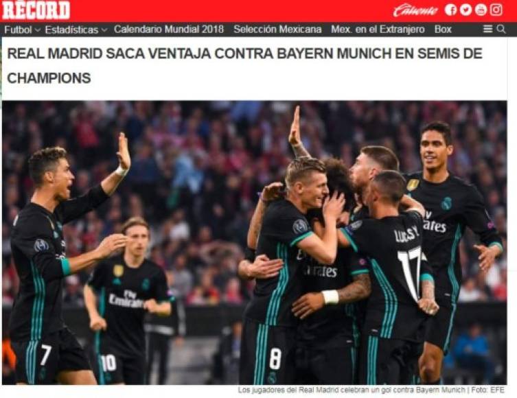 Diario Récord de México: 'Real Madrid saca ventaja contra Bayern Múnich en semis de Champions'.