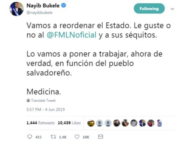 Bukele prometió en su discurso de toma de posesión que reordenará el Estado, y advirtió al FMLN, partido del ex presidente Cerén, que ahora trabajarán 'de verdad' en favor del pueblo salvadoreño.