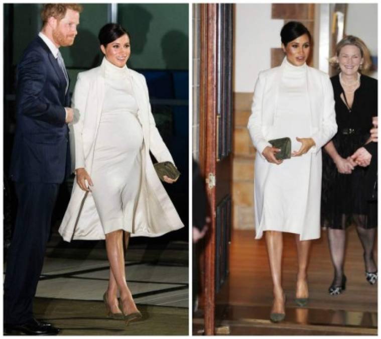 12 DE FEBRERO DE 2019<br/><br/>Meghan Markle lució toda de blanco con un abrigo de Amanda Wakely un vestido de cuello alto de Calvin Klein para el el estreno de 'The Wider Earth' en Londres. La duquesa dio color a su atuendo con unos tacones de Ralph Lauren y un clutch en color oliva, mismos que usó en el bautizo del príncipe Louis.<br/><br/>