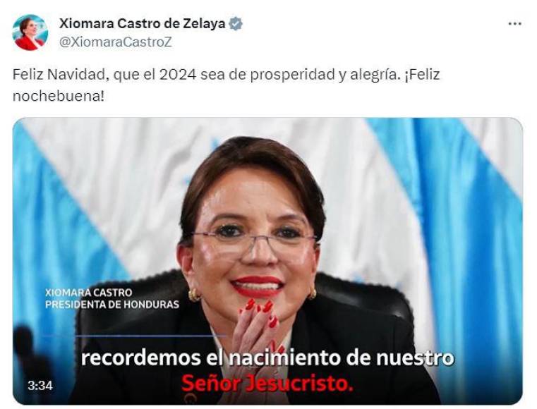 La presidenta de la República, Xiomara Castro, publicó un extenso audio deseando felices fiestas de Navidad para los hondureños y augurando prosperidad y alegría para 2024. 