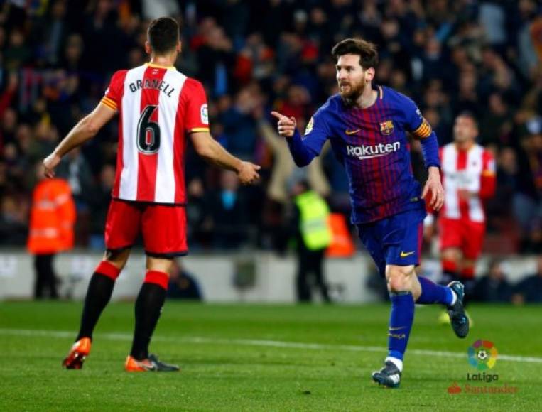 Lionel Messi celebrando su primer gol contra el Girona FC.