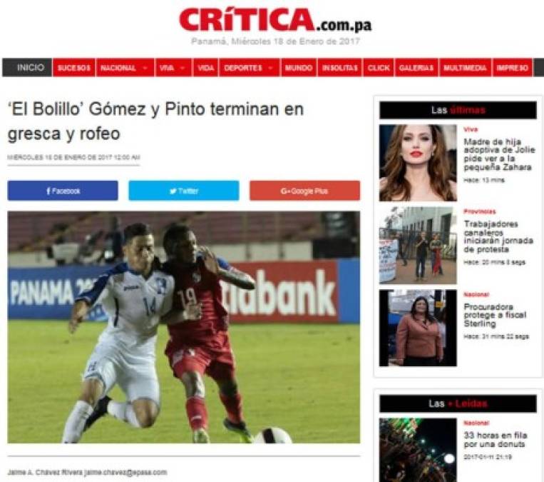 El diario Crítica: '‘El Bolillo’ Gómez y Pinto terminan en gresca y rofeo'. 'Candela en la cancha, rofeo, palabras y empujones en el banquillo entre ambos técnicos, Jorge Luis Pinto por Honduras y Hernán “El Bolillo” Gómez por Panamá. Así terminó el partido de anoche en el estadio Rommel Fernández, en el cierre de la tercera fecha de la Copa Uncaf'.