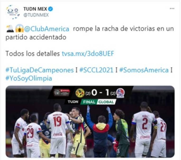 TUDN México - “América rompe la racha de victorias en un partido accidentado“.