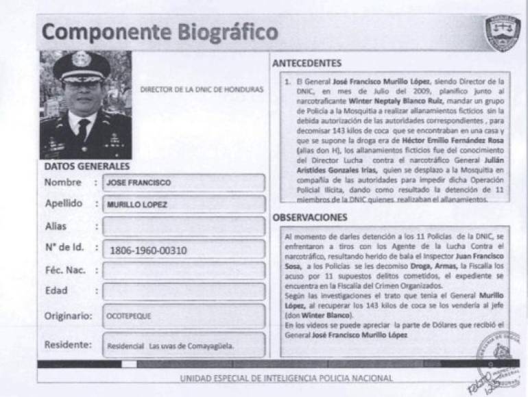 Ficha del general José Francisco Murillo López vinculado al caso del asesinato de Arístides González, según publicación de The New York Times atribuida a un informe de la Inspectoría General de la Policía de Honduras.