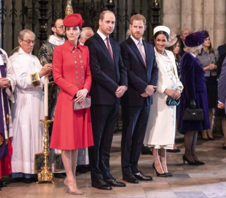 (L-R) Britain's Catherine, Duchess of Cambridge, Britain's Prince William, Duke of Cambridge, Britain's Prince Harry, Duke of Sussex, and Britain's Meghan, Duchess of Sussex attend the Commonwealth Day service at Westminster Abbey in London on March 11, 2019. - Britain's Queen Elizabeth II has been the Head of the Commonwealth throughout her reign. Organised by the Royal Commonwealth Society, the Service is the largest annual inter-faith gathering in the United Kingdom. (Photo by Richard Pohle / POOL / AFP)