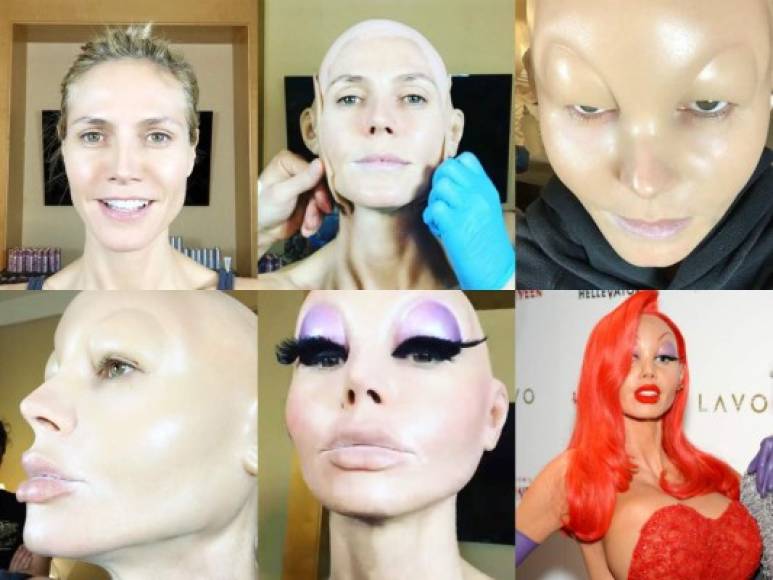 La modelo se convirtió en Jessica Rabbit tras un largo proceso de maquillaje y, sobre todo, tras un cuidado trabajo de elaboración de prótesis, no solo en sus pechos y en el trasero.
