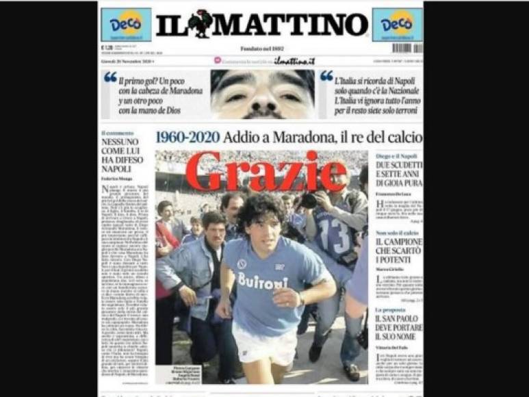 El diario Il Mattino fundado en Nápoles, ciudad en la que hizo historia Maradona - 'Gracias'. 'Adiós Maradona, el rey del fútbol'.