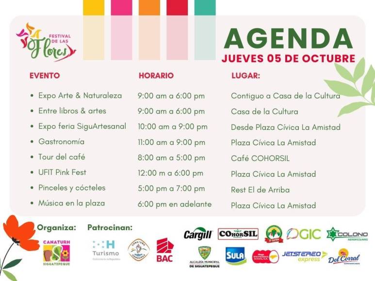 A continuación la agenda oficial diaria durante las cuatro jornadas que se realizará el tan esperado Festival de las Flores de Siguatepeque.