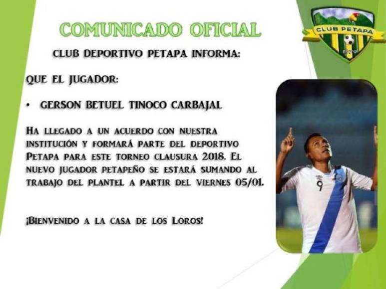 Gerson Tinoco, delantero hondureño nacionalizado guatemalteco, se marchó del Juticalpa FC y ha sido anunciado como nuevo fichaje del Petapa de Guatemala.