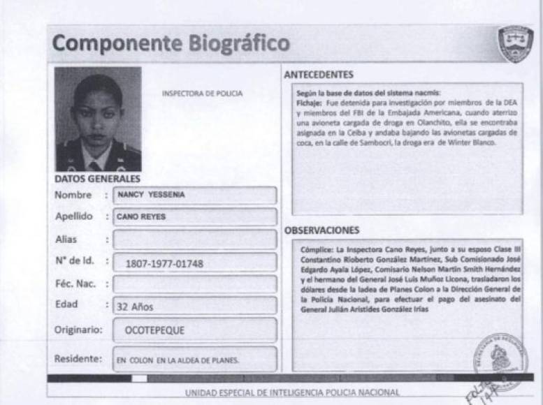 Ficha de la inspectora Nancy Jessenia Cano Reyes, señalada en los casos de las muertes de Arístides González y Alfredo Landaverde, según publicación de The New York Times atribuida a un informe de la Inspectoría General de la Policía de Honduras.