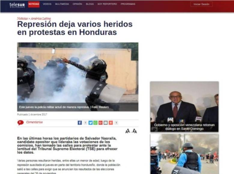 Telesur TV: 'Represión deja varios heridos en protestas en Honduras'.