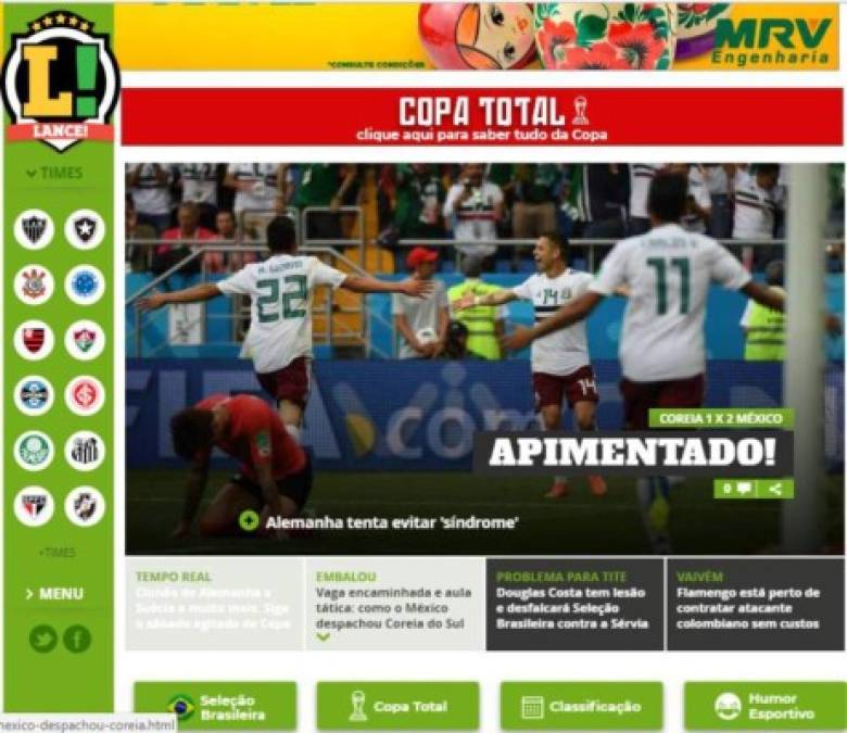 "'Picante', así título el diario Lance! de Brasil sobre el triunfo de México sobre Corea del Sur."