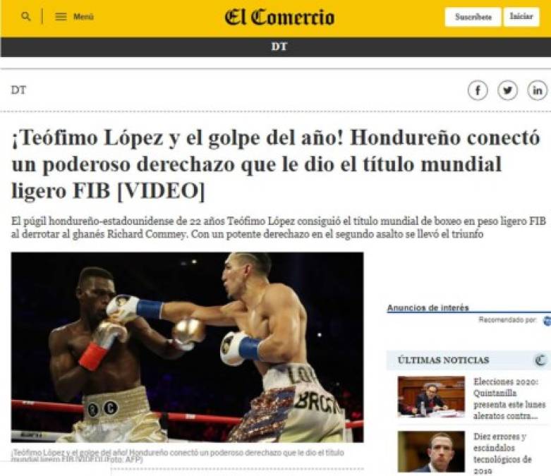 El Comercio de Perú - '¡Teófimo López y el golpe del año! Hondureño conectó un poderoso derechazo que le dio el título mundial ligero FIB'.