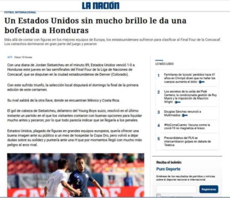 La Nación de Costa Rica señaló que EUA sin mucho brillo le dio una bofetada a Honduras.