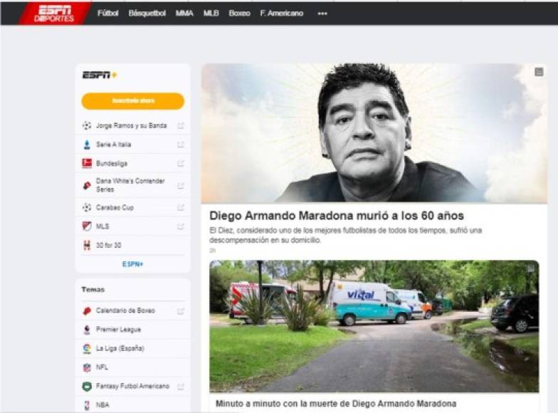 ESPN Deportes - 'Diego Armando Maradona murió a los 60 años'. 'El Diez, considerado uno de los mejores futbolistas de todos los tiempos, sufrió una descompensación en su domicilio'.
