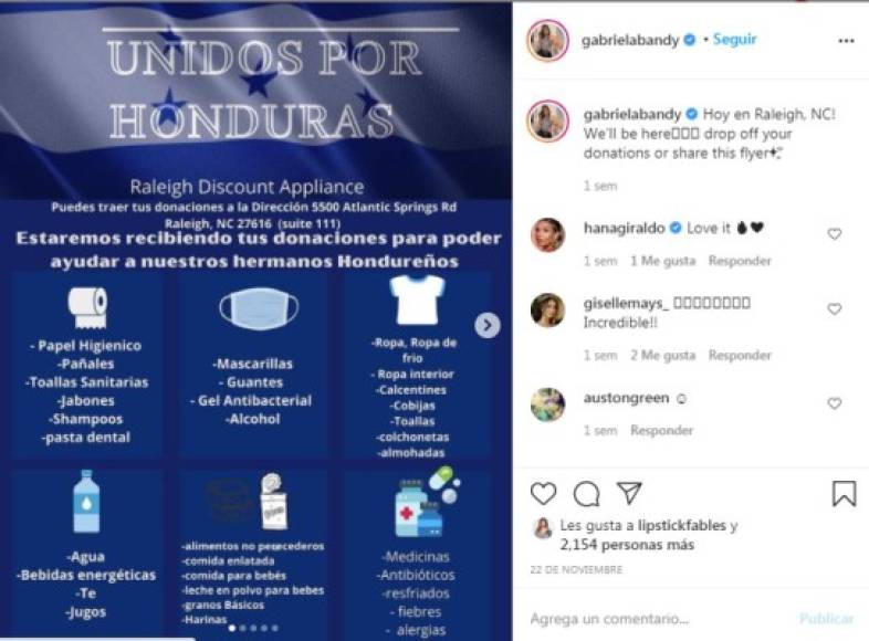 Gabriela ha usado sus redes sociales para recolectar ayuda en EEUU para los afectados de Eta e Iota en Honduras, junto a otras personalidades y catrachos.