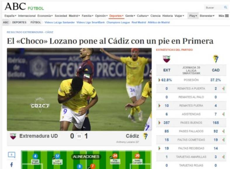 ABC - 'El Choco Lozano pone al Cádiz con un pie en Primera'. 'Choco Lozano, que dejó atrás a su marca, remató a placer con la cabeza y dando un paso más hacia LaLiga Santander'.